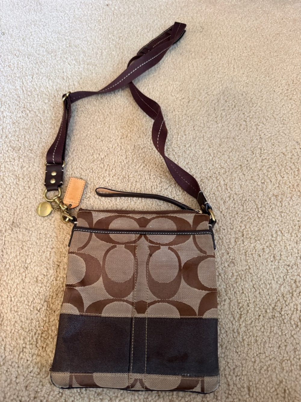 Coach Brown Signature Jacquard Crossbody with Dark Brown Trim